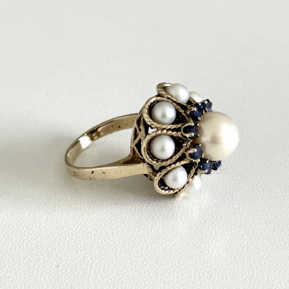 Vintage 14K Yellow Gold Pearl & Sapphire Ladies Statement Band Ring Size 5.75 - Picture 7 of 16